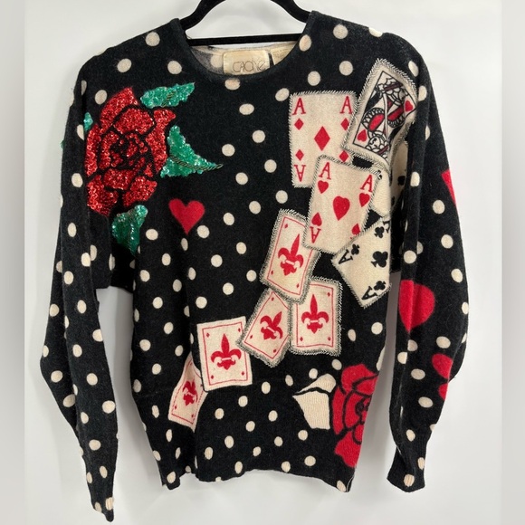 Cache Y2K Beaded Vintage Lambswool Ace Cards Christmas Cowl Sweater Size Small - Picture 1 of 15